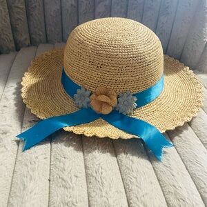 From South America Kids hand made Straw Hat with Blue Ribbon